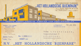 710275 Kop van een nota van de Chemische fabriek Het Hollandsche Bijenpark”, L. Augs. Bruyn Jr. & Co., Croeselaan 26-28 ...